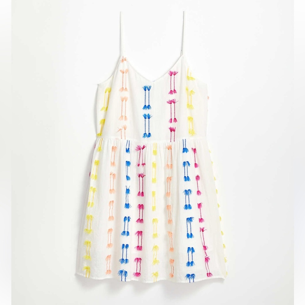 Lou & Grey LOFT Fringe Cami Dress XS White Colorful Tassel Embroidered Summer